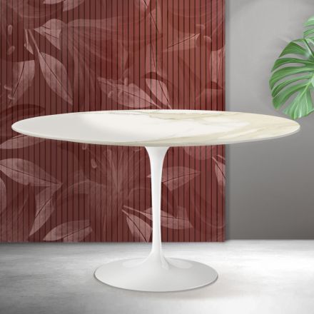 Saarinen Tulip Ovaler Couchtisch H 41 cm in Florim Calacatta Gold Matt Keramik - Scharlachrot Viadurini