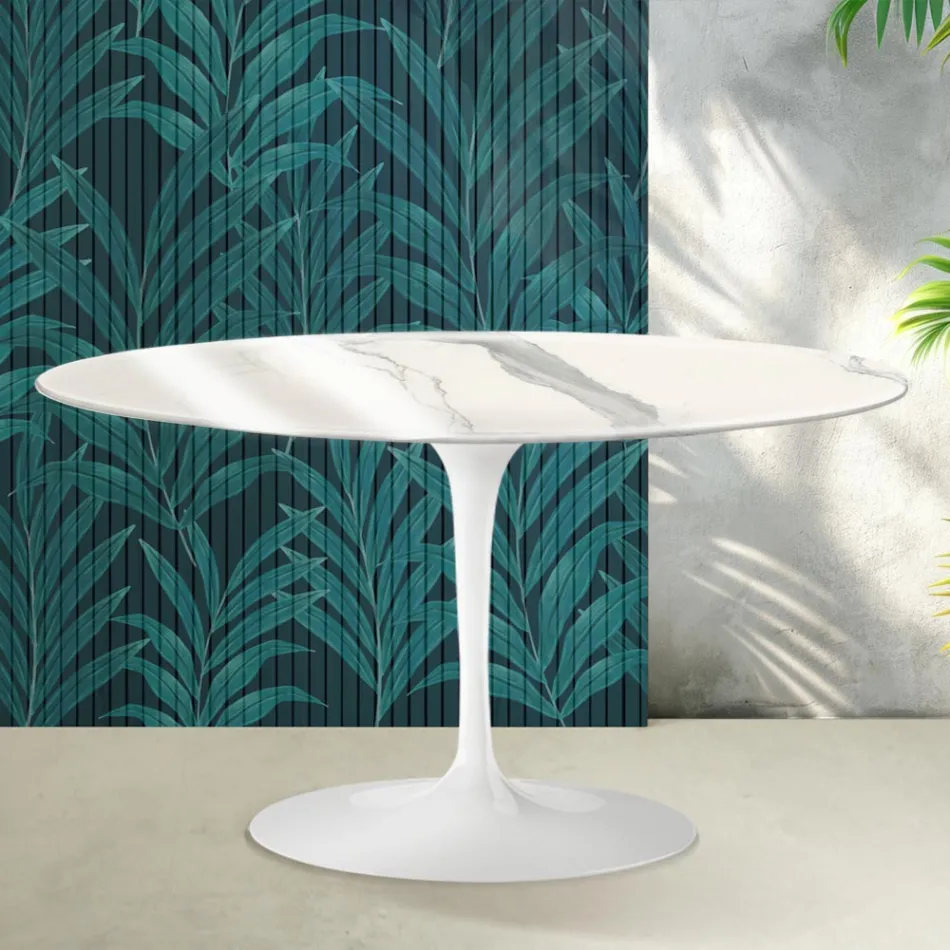 Saarinen Tulip Ovaler Couchtisch H 41 cm in glänzender Statuario Florim Keramik - Scharlachrot Viadurini
