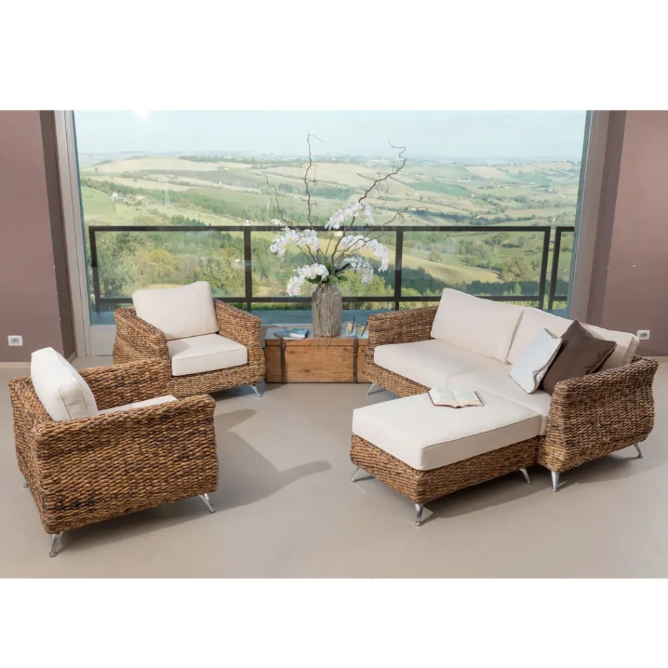 Outdoor-Couchtisch-Hocker aus Bananengeflecht mit Kissen - Legolas Viadurini