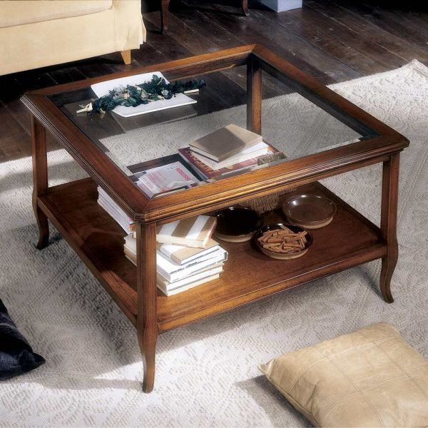 Quadratischer wohnzimmer-couchtisch mit glasplatte, hergestellt in italien – tepeyoti