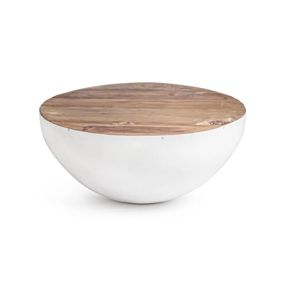 Runder Couchtisch aus recyceltem Holz und Stahl weiß oder grau - Genoveffa Viadurini