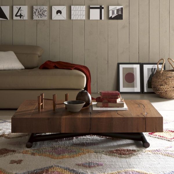 Verwandelbarer couchtisch aus metall und holz tisch made in italy - polaris