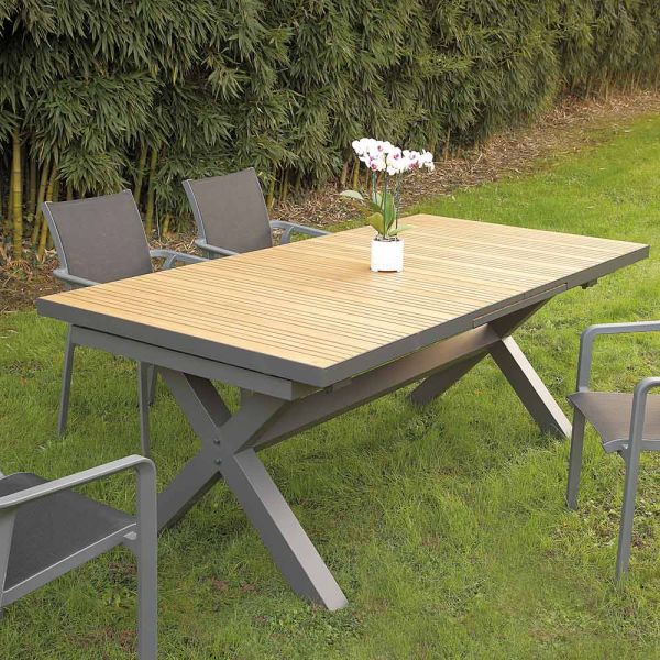 Ausziehbarer tisch 263 cm aus aluminium und massivem teakholz - lilia
