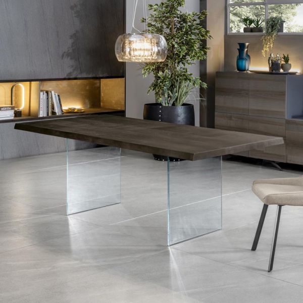 Ausziehbarer tisch auf 300 cm aus eiche und sockel aus gehärtetem glas – nicoall