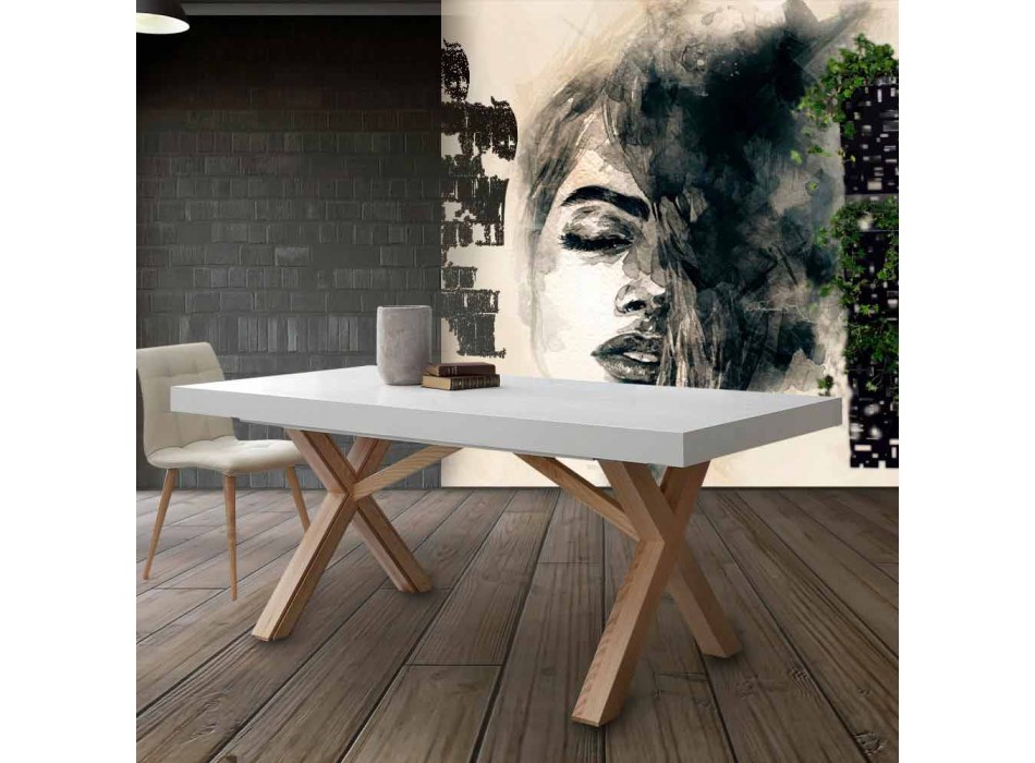 Weißer ausziehbarer Tisch mit Rico-Massivholzrahmen Viadurini