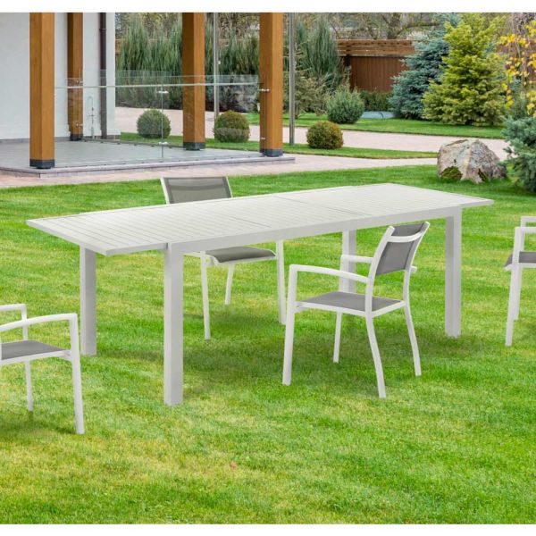 Ausziehbarer gartentisch mit weißer aluminiumplatte und sockel – parler