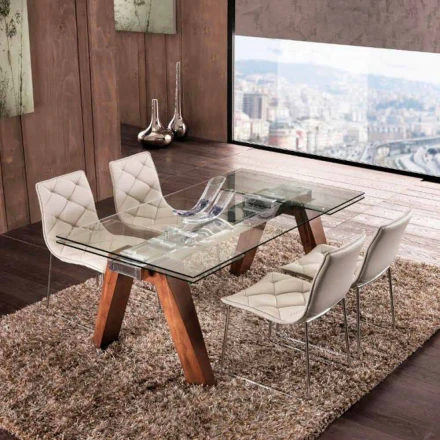 Ausziehbarer Tisch aus Massivholz und gehärtetem Glas aus dem Tschad Viadurini