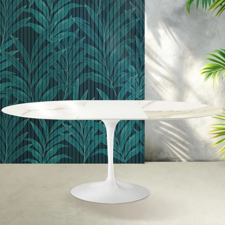 Saarinen Tulip Ausziehtisch H 74 cm in Florim Calacatta Gold Gloss Keramik - Scharlachrot Viadurini