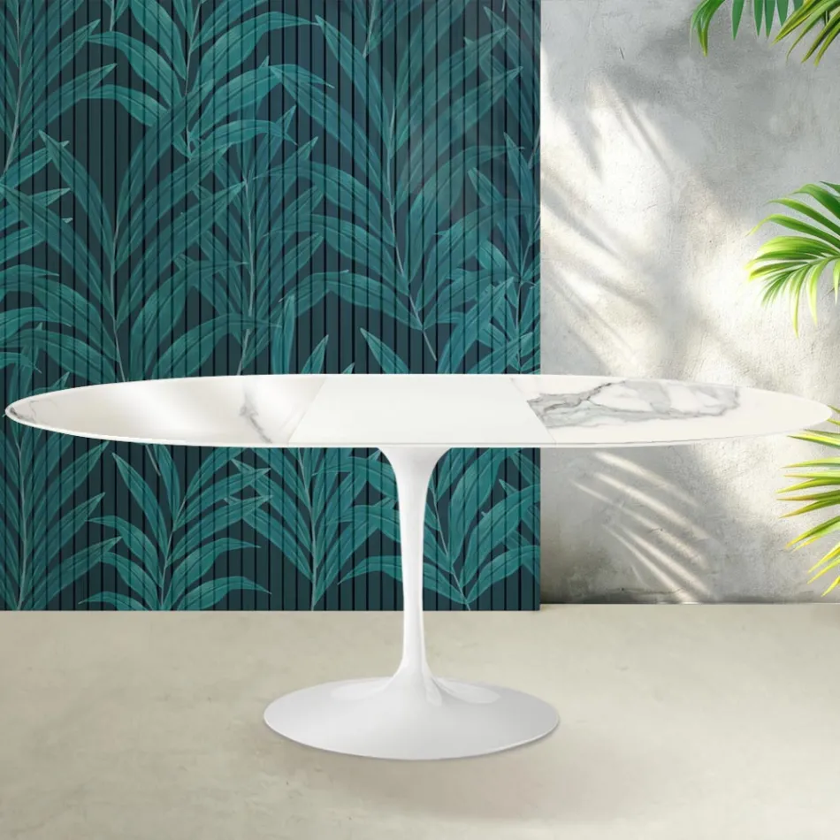 Saarinen Tulip Ausziehtisch H 74 cm in glänzender Statuario Florim Keramik - Scharlachrot Viadurini