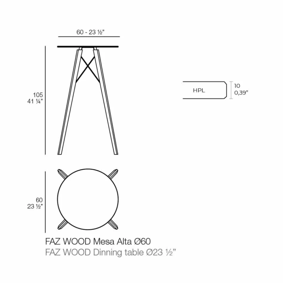 Runder Design-Stehtisch aus Holz und HPL, 4 Stück - Faz Wood von Vondom Viadurini
