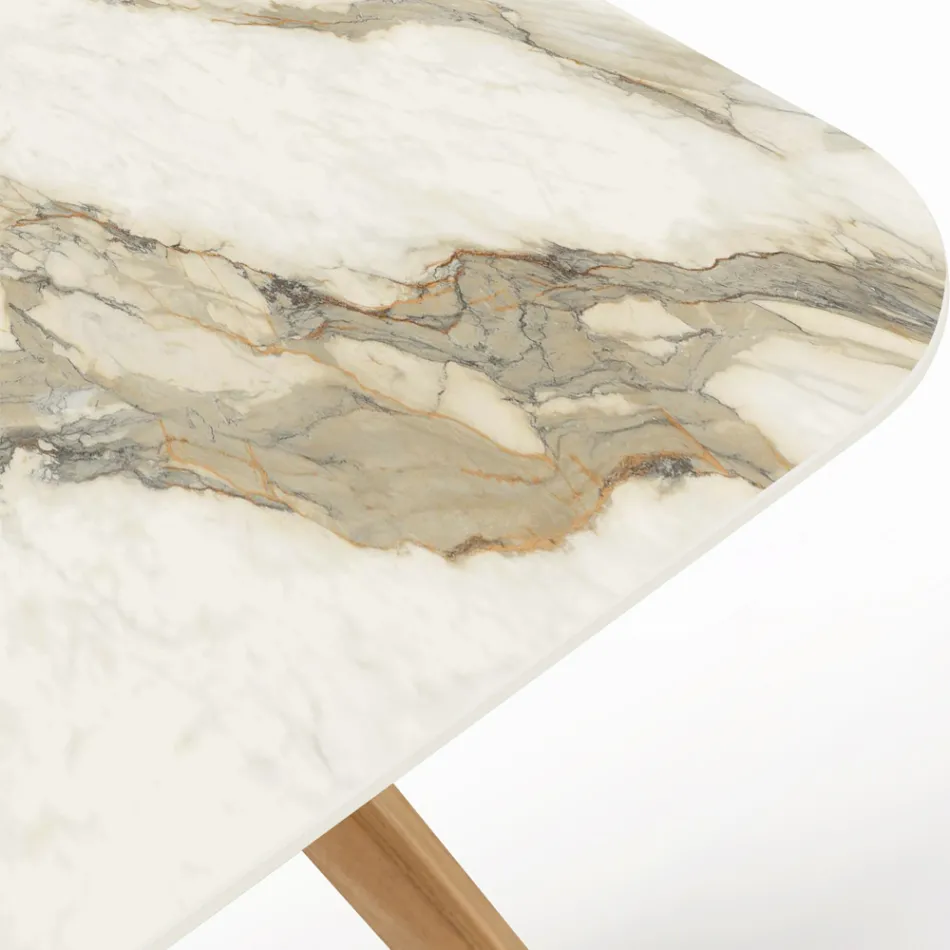 Tisch mit Holzsockel und Keramikplatte Calacatta Hermitage - Infinity Viadurini
