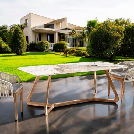 Tisch mit Keramikplatte und Untergestell aus massivem Teakholz, hergestellt in Italien – Bluse Viadurini