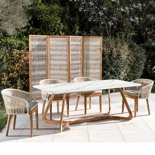 Gartentisch mit holzsockel und calacatta-goldkeramikplatte - infinity