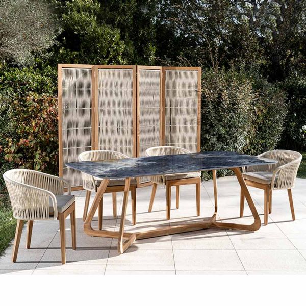 Gartentisch mit holzsockel und ozeanblauer keramikplatte - infinity