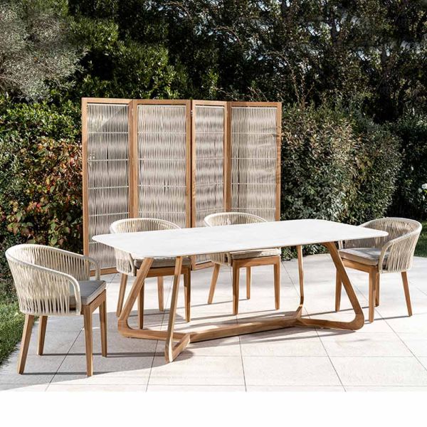 Gartentisch mit holzsockel und komplett weißer keramikplatte - infinity