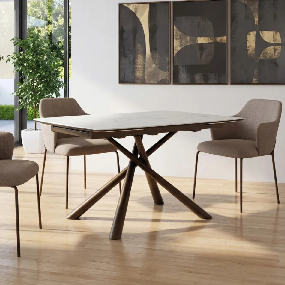 Ausziehbarer Esstisch (200/230 cm) aus Glas, Keramik und Metall - Naisha Viadurini