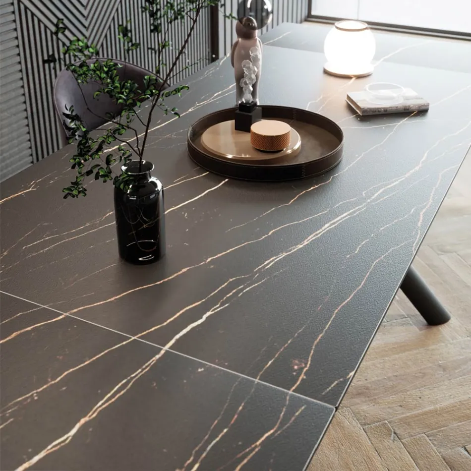 Ausziehbarer Esstisch (200/230 cm) aus Glas, Keramik und Metall - Naisha Viadurini