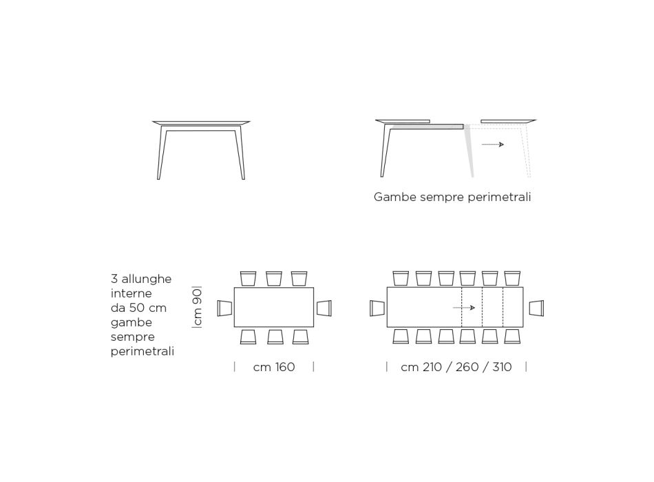 Ausziehbarer Esstisch auf 310 cm aus Laminat, hergestellt in Italien – Siebziger Viadurini