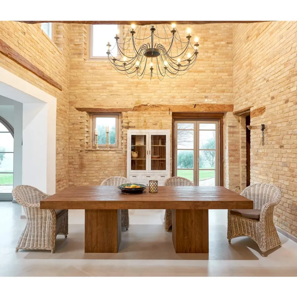 Esstisch mit Doppelfuß und 4 Rattanstühlen - Slide Viadurini