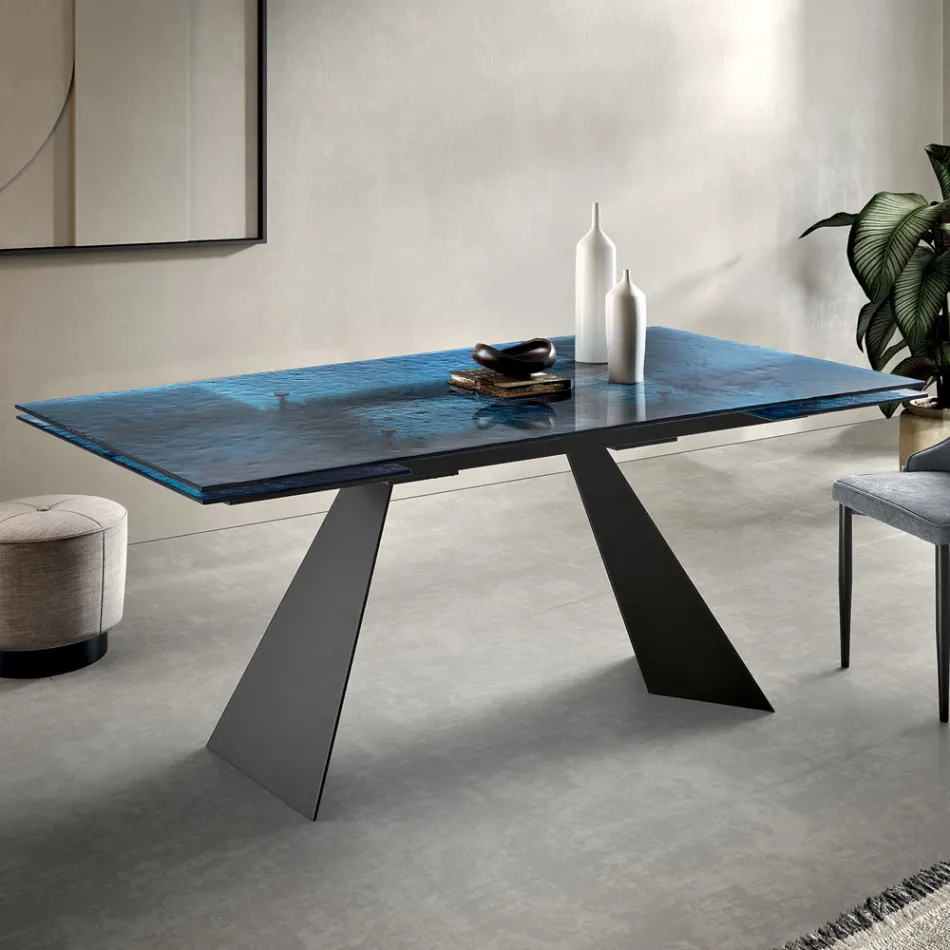 160x90 Wohnzimmertisch mit transparenter, gehämmertem Glasplatte - Martello Viadurini