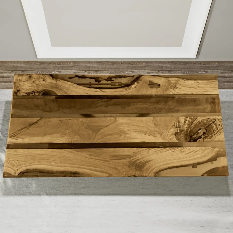 Wohnzimmertisch mit Eichenholzplatte und farbigem Epoxidharz – Miklas Viadurini