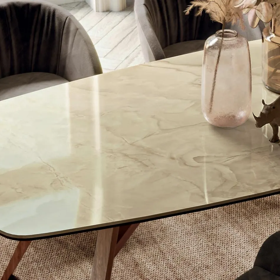 Fester tonnenförmiger Tisch mit Untergestell aus Canaletto-Walnuss-Esche, hergestellt in Italien – Norden Viadurini