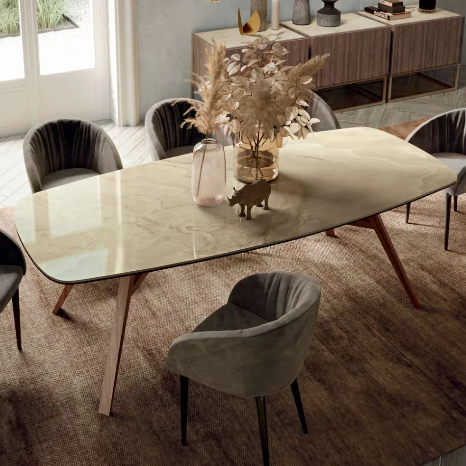 Fester tonnenförmiger Tisch mit Untergestell aus Canaletto-Walnuss-Esche, hergestellt in Italien – Norden Viadurini