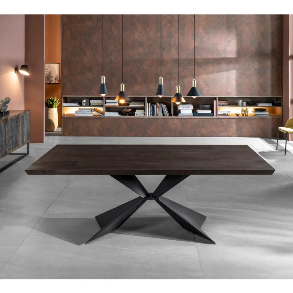 Fester Tisch mit Metallgestell und furnierter Eichenplatte – Marineblau Viadurini