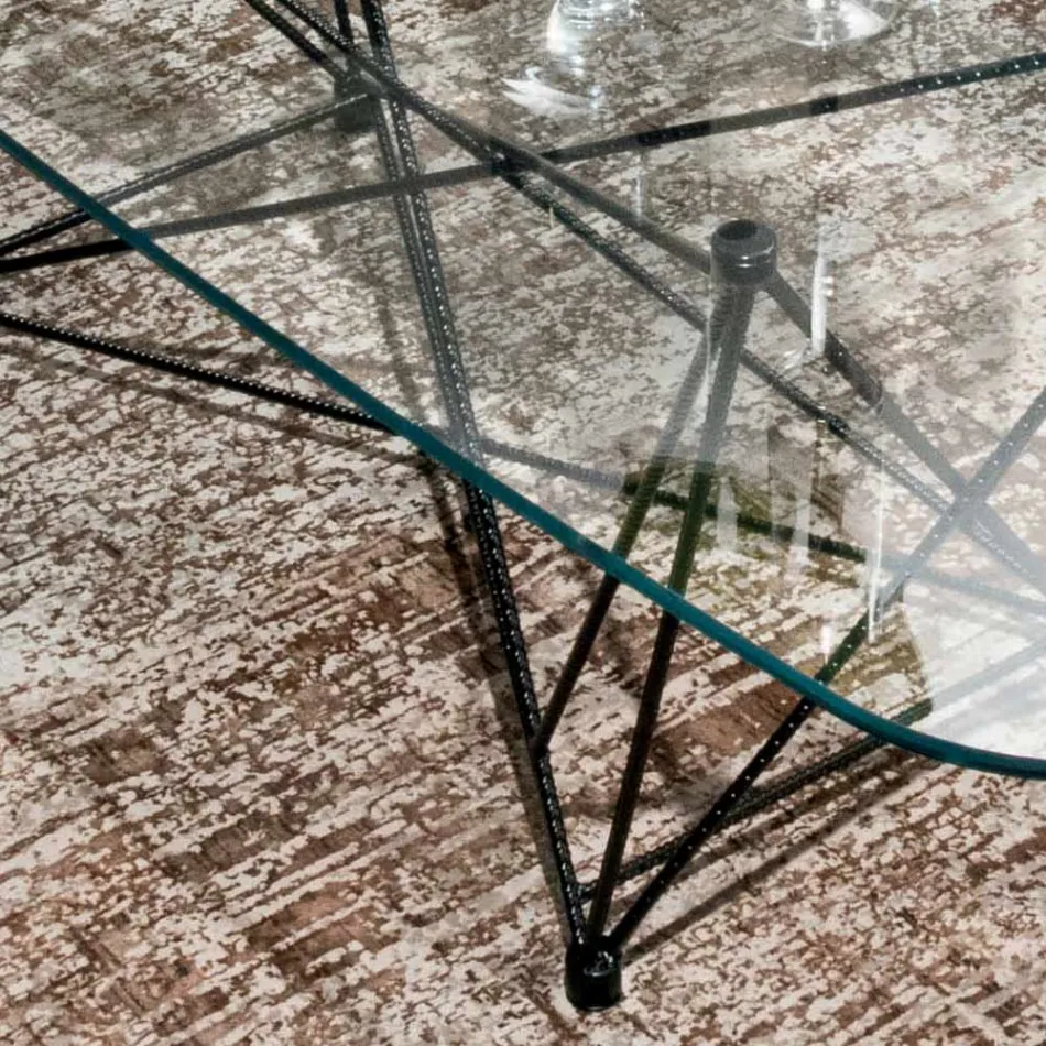 Fester Tisch mit tonnenförmiger Glasplatte und Stahlgestell, hergestellt in Italien – Ezzellino Viadurini