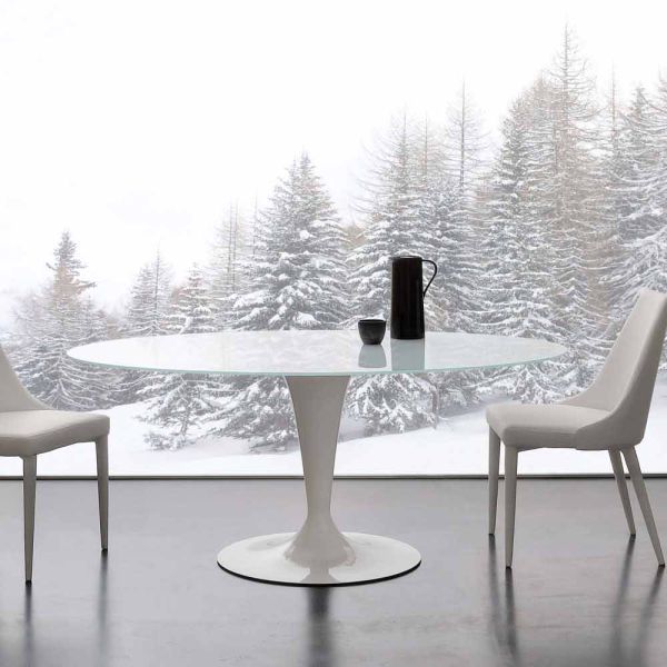 Moderner tisch elliptisch aus glas extraklar und stahl aurora