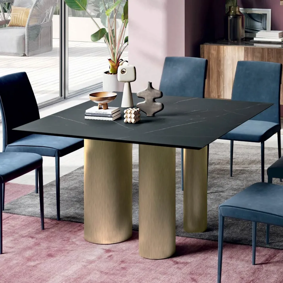 Fester quadratischer Tisch aus Laminat und Stahl, hergestellt in Italien – Schere Viadurini