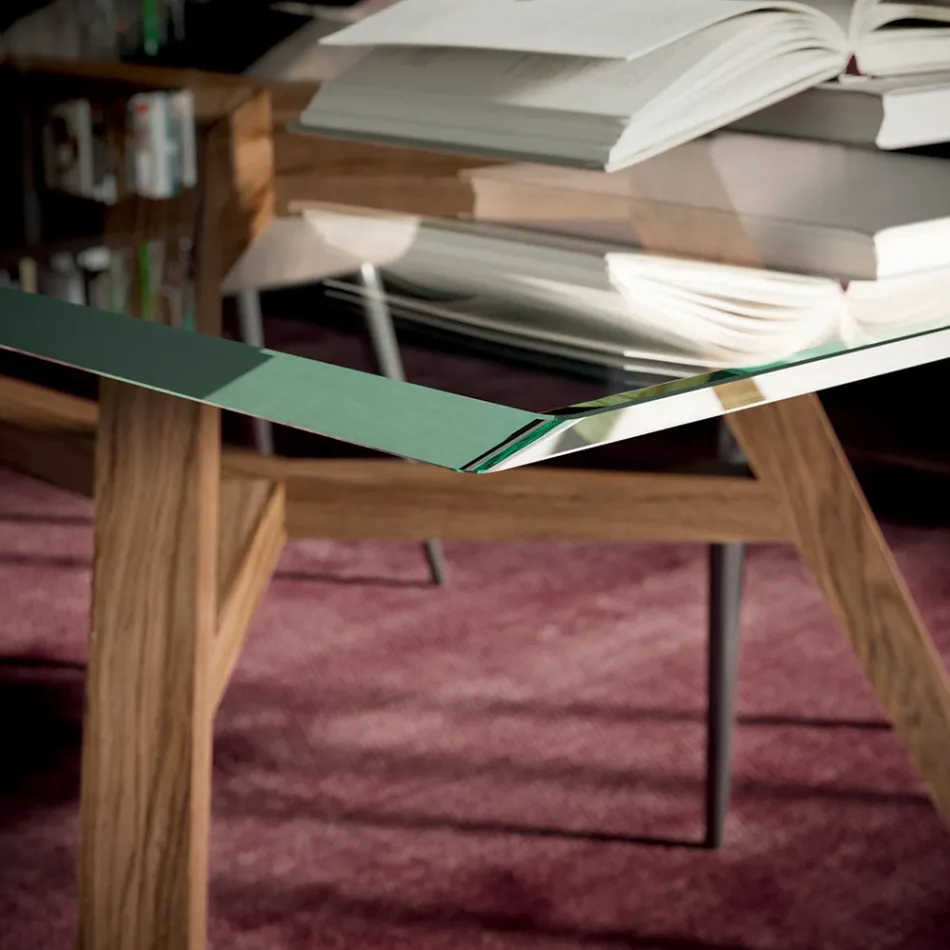 Fester rechteckiger Tisch aus extraklarem Glas und Esche, hergestellt in Italien – Norden Viadurini