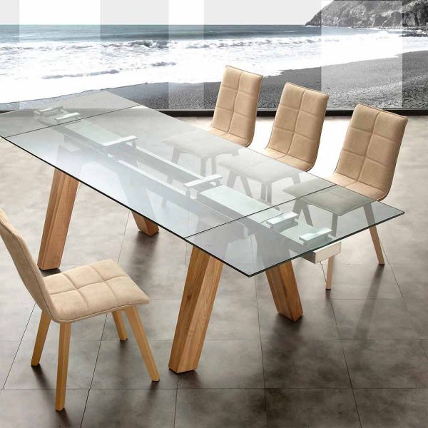 Moderner tisch ausziehbar aus glas und massivholz florida