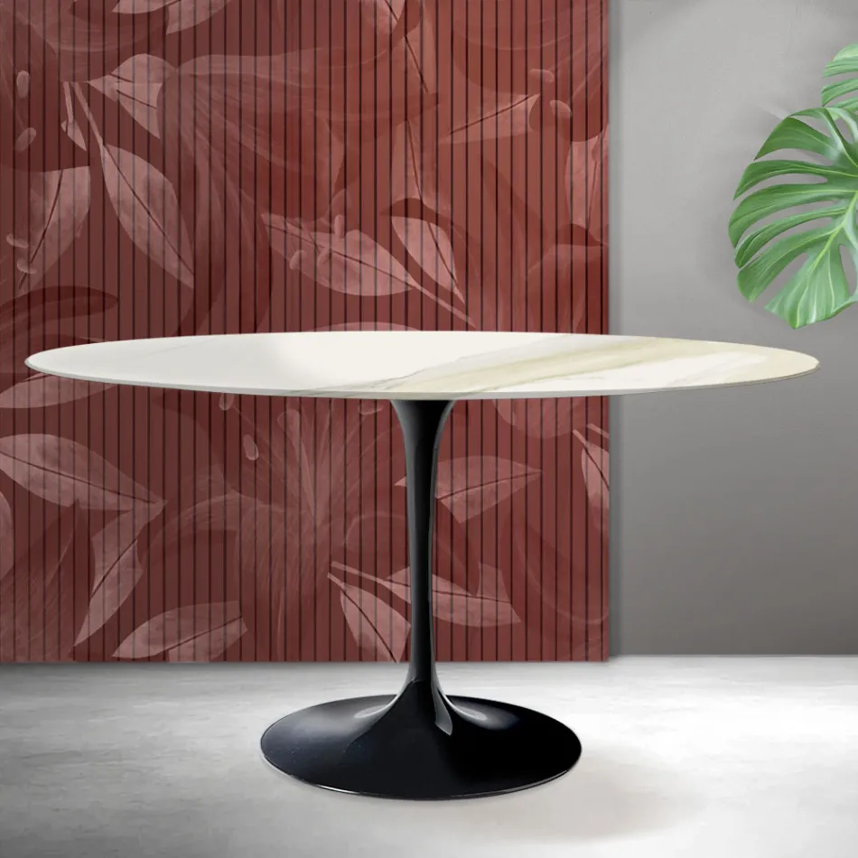 Ovaler Tulpentisch von Saarinen, Höhe 74 cm, in Florim Calacatta Gold Mattkeramik – Scharlachrot Viadurini