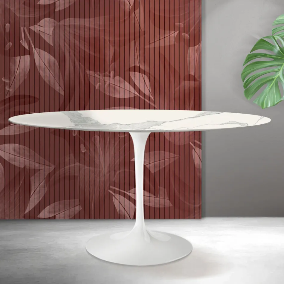 Ovaler Tulpentisch von Saarinen, Höhe 74 cm, in matter Florim Statuario Keramik – Scharlachrot Viadurini