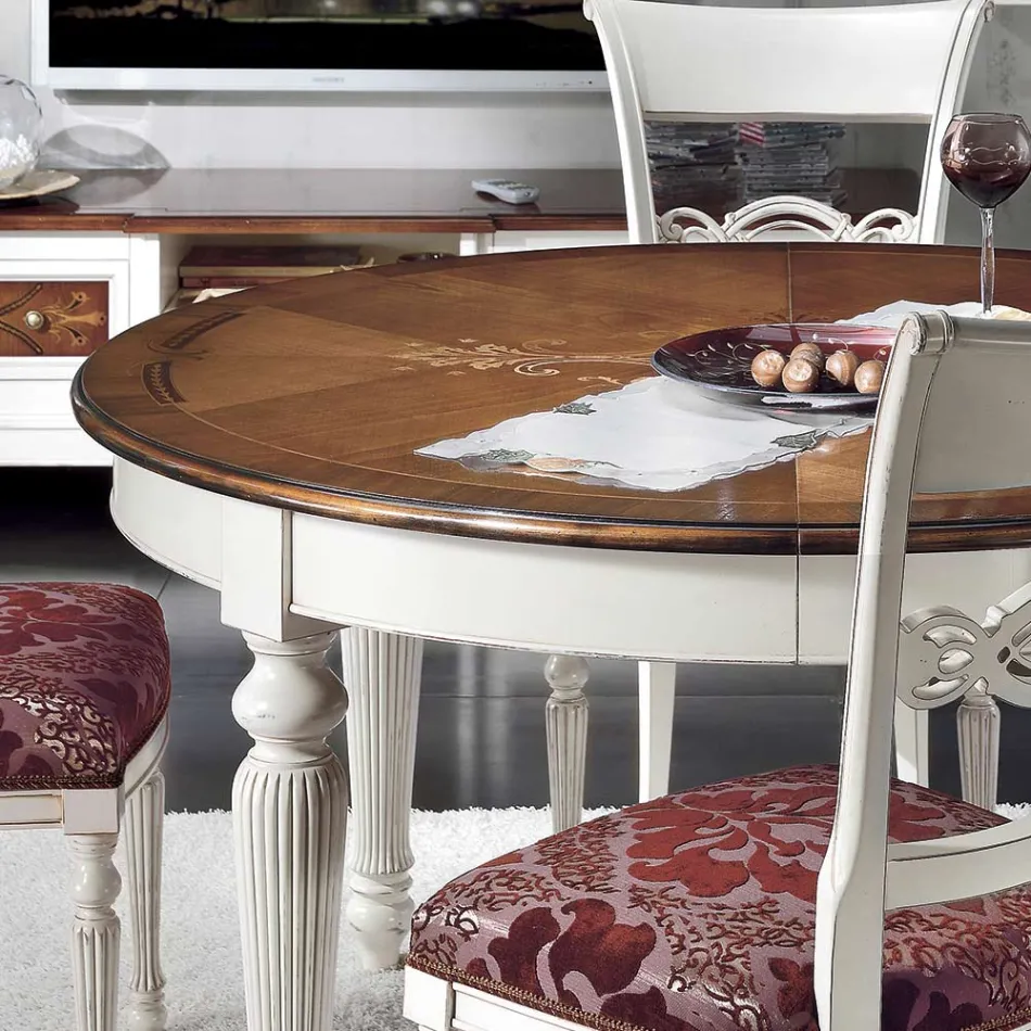 Ausziehbarer runder Tisch mit Intarsien und 4 Stühlen, hergestellt in Italien – Alite Viadurini