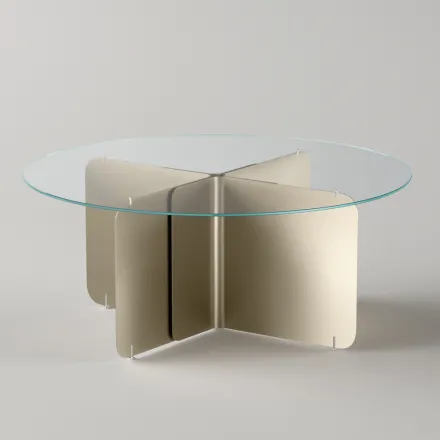 Runder Tisch mit extraklarer Glasplatte und champagnerfarbenem Untergestell - Piacere Viadurini