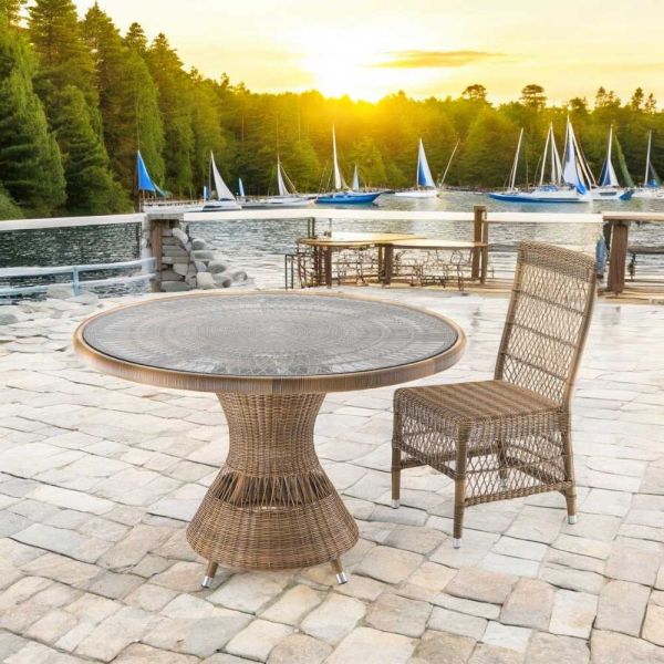 Runder gartentisch aus polyrattan mit glasplatte - gigi