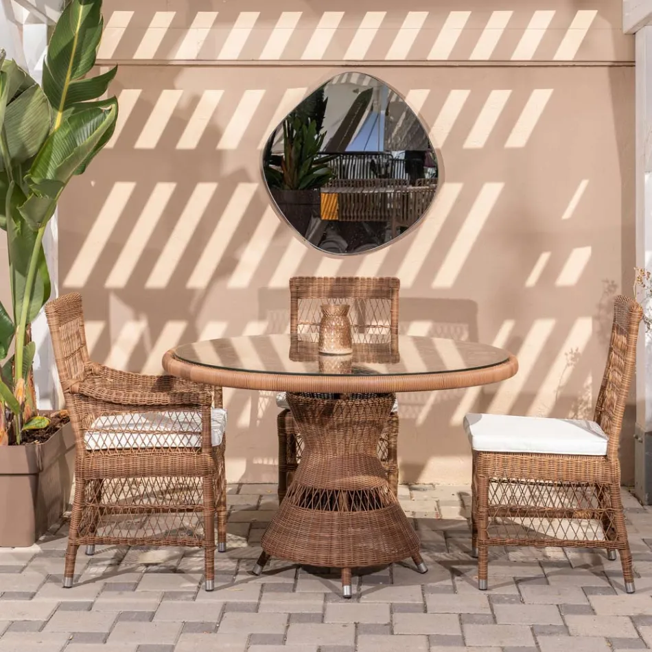 Runder Gartentisch aus Polyrattan mit Glasplatte - Gigi Viadurini