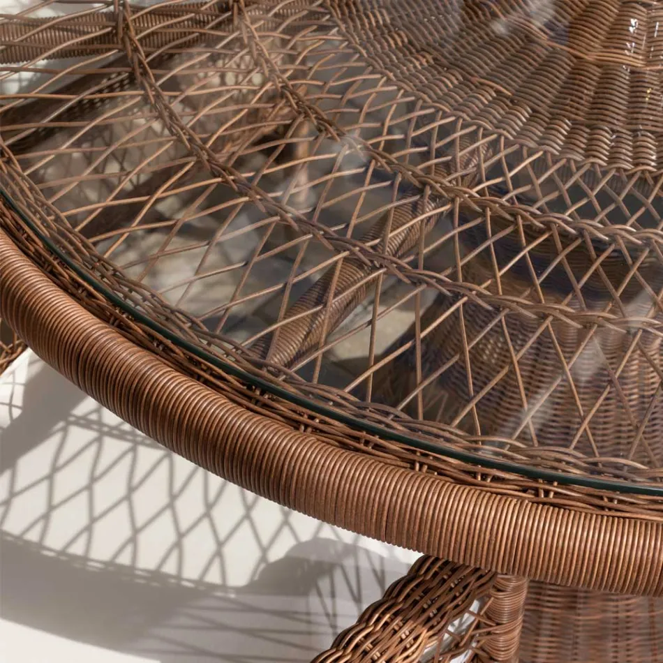 Runder Gartentisch aus Polyrattan mit Glasplatte - Gigi Viadurini