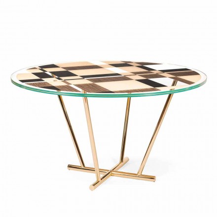 Runder Tisch Modeno mit Glasplatte und Holzeinlagen Ozzy Viadurini