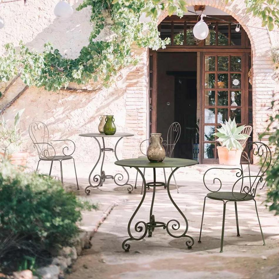 Runder Gartentisch im Shabby-Chic-Stil aus lackiertem Stahl – Verzauberung Viadurini