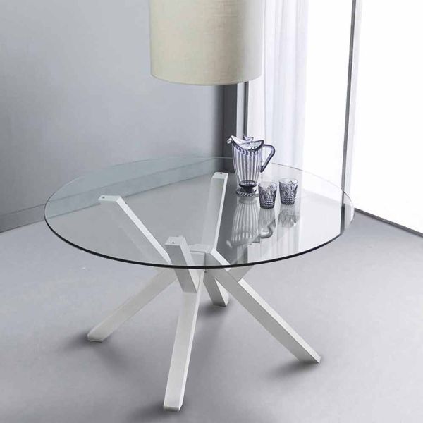 Runder tisch aus glas und buchenholz weiß burgos