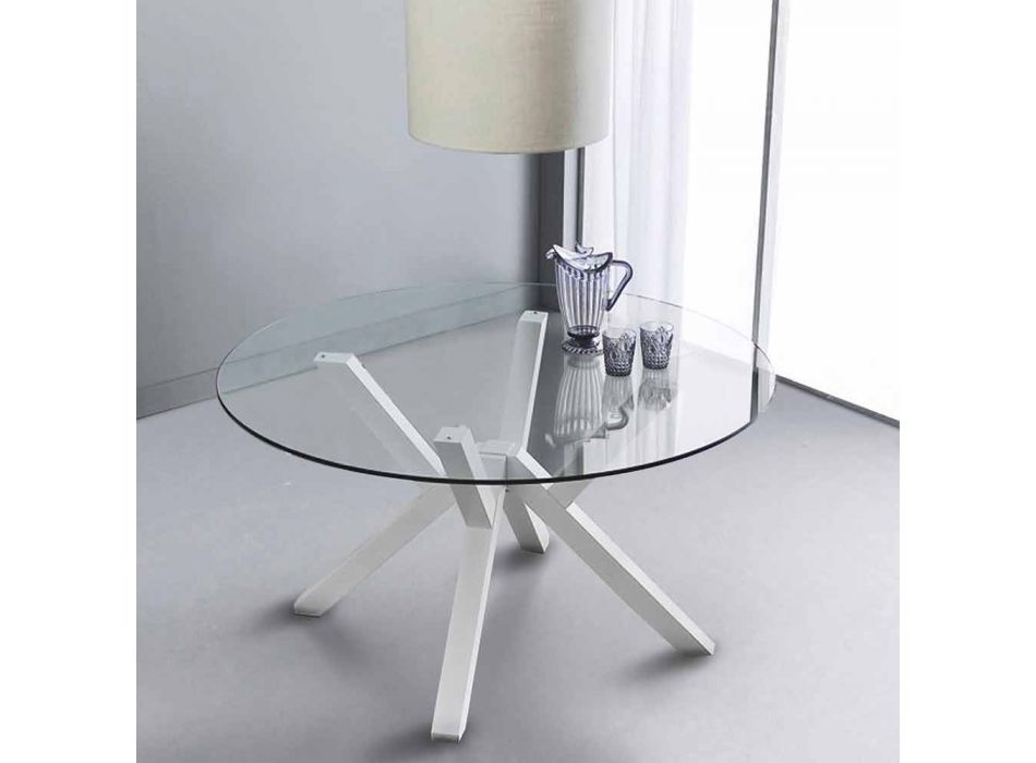 Fester runder Tisch aus gehärtetem Glas und Burgos weißer massiver Buche Viadurini