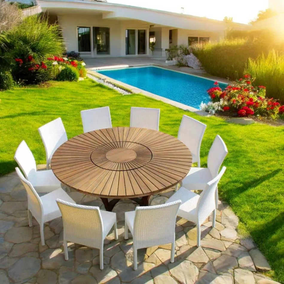 Runder Gartentisch mit Drehplatte aus Teak und Massivholz Viadurini