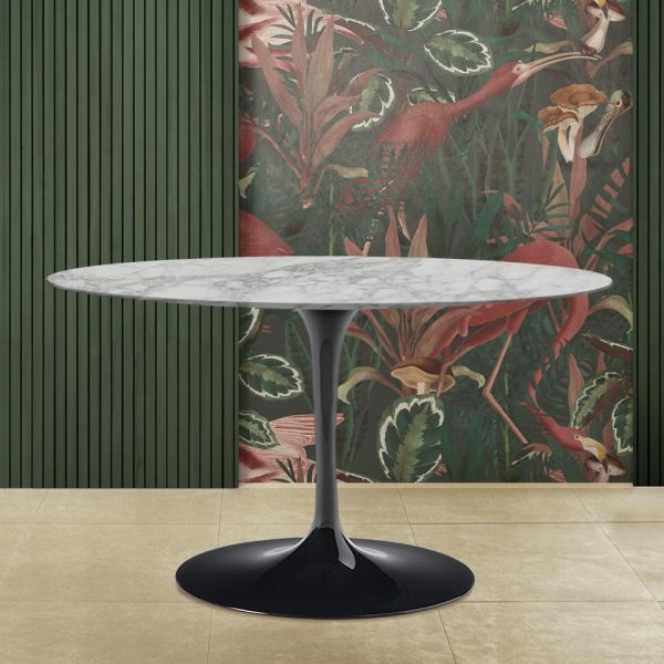 Eero saarinen tulpentisch h 74 mit ovaler platte aus arabescato-marmor made in italy - scharlachrot