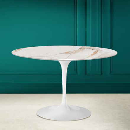 Tulip Saarinen H 73 Runder Tisch aus Calacatta-Keramik in Antikweiß Viadurini