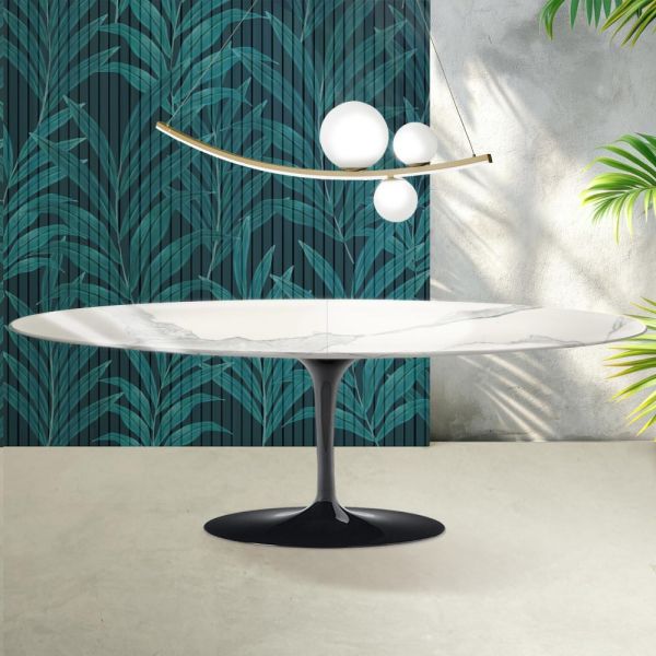 Saarinen tulip tisch h 74 cm ausziehbar in florim statuario hochglanzkeramik - scharlachrot