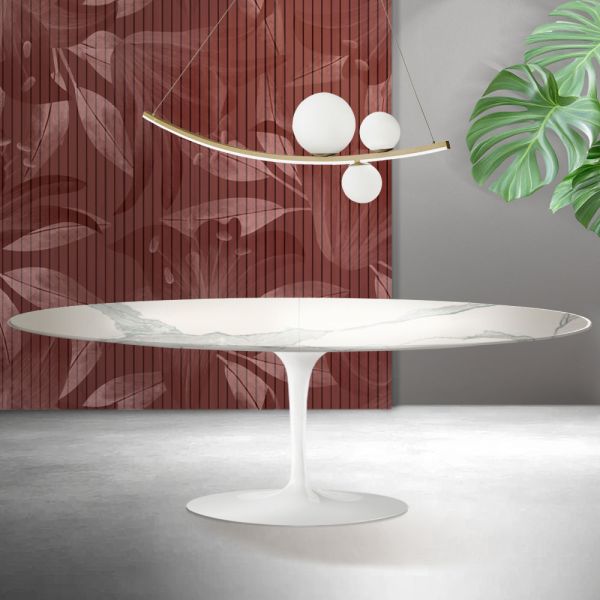 Saarinen tulip tisch h 74 cm ausziehbar in florim statuario mattkeramik - scharlachrot