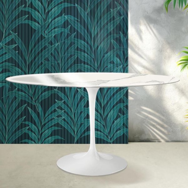 Saarinen tulpentisch h 74 cm rund in glänzender statuario florim keramik - scharlachrot